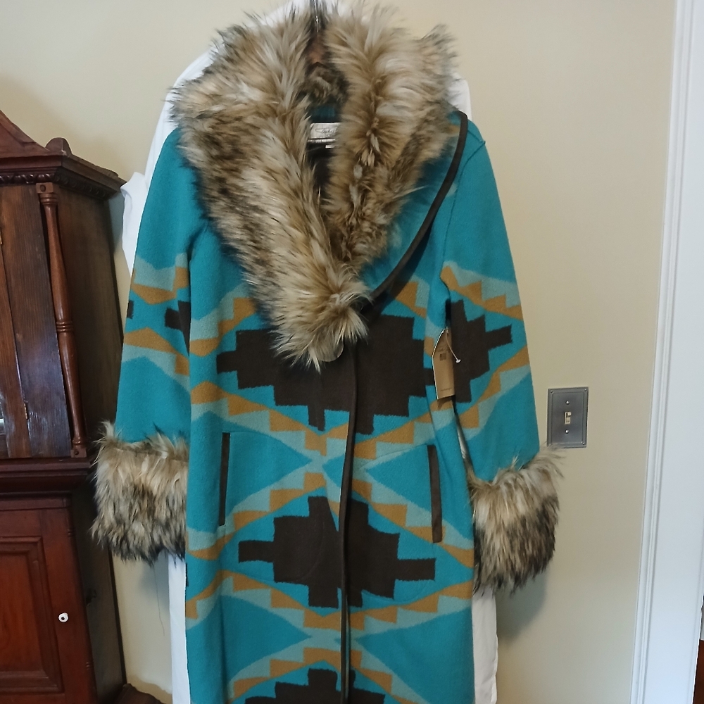 Tasha Polizzi Teal and Brown Cape with Faux Fur